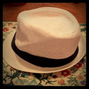 Straw Trilby Fedora Hat Summer Black Ribbon